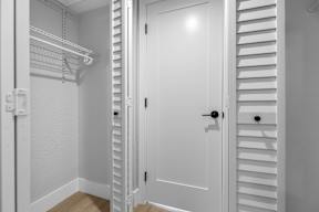A white closet with a door and shelves.