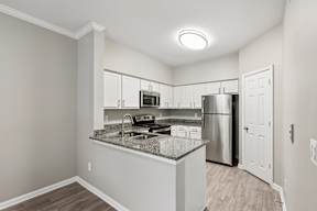 A kitchen with a granite countertop and stainless steel appliances.