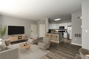 A modern living room with a flat screen TV and a kitchen in the background.