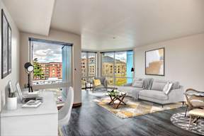 Living room with couch and large windows