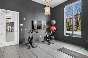 A room with a grey floor and black walls has a row of exercise equipment.
