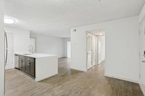 A kitchen with a white countertop and wooden floors.