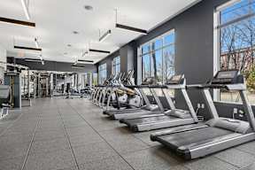 A gym with treadmills and other exercise equipment.