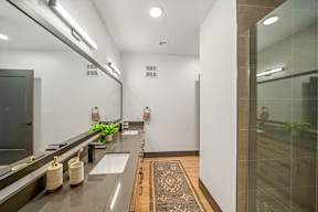 A bathroom with a sink, mirror, and a rug on the floor.