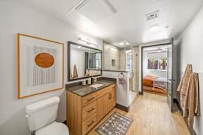 A bathroom with a toilet, sink, mirror, and a painting on the wall.