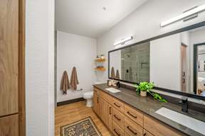 A bathroom with a towel hanging on the wall and a plant on the counter.