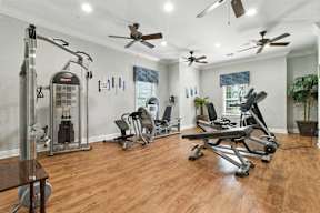 A home gym with a variety of equipment including a treadmill, weights, and a bench press.