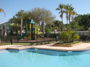 A pool with a slide and palm trees in the background.