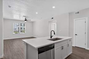 A kitchen with a white countertop and a black dishwasher.