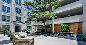 A modern courtyard with a wooden bench and a tree.