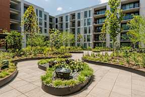 A courtyard with a fountain surrounded by grass and plants.