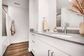 A bathroom with a white sink and a mirror.