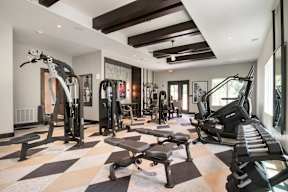 A gym with a variety of equipment including treadmills, weights, and benches.