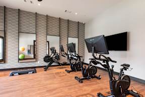 A room with a wooden floor and a wall with a mirror and a television.