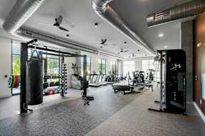 A gym with a variety of equipment including a punching bag, weights, and a treadmill.