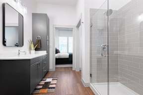 A bathroom with a walk-in shower and a vanity with a mirror.