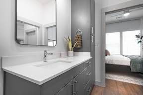 A bathroom with a white sink and a mirror above it.