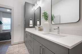 A bathroom with a white sink and grey cabinets.