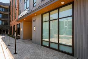 The entrance to a building with the word "Helsing" on it.