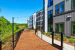 A black fence runs along a dirt path between two buildings.