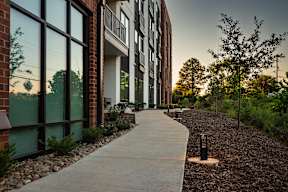A walkway leads to a building with a tree on the right.