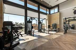 A gym with a row of treadmills and a row of weight machines.