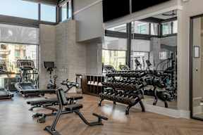 A gym with a variety of equipment including treadmills, stationary bikes, and weight machines.