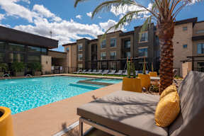 A pool area with a palm tree and a couch.