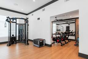 A gym with a variety of equipment including a treadmill, a stationary bike, and a rowing machine.