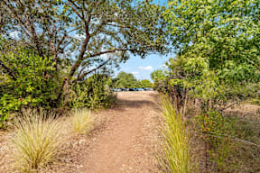 A dirt path leads through a wooded area.