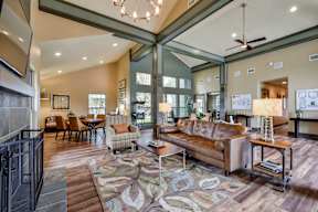 A living room with a brown couch and a rug.
