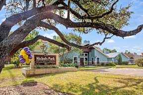 A tree with purple and yellow balloons is in front of a sign that says Nichols Park.