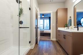 A bathroom with a walk-in shower and a vanity with a mirror.