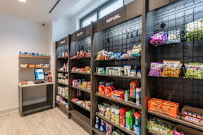 A display of snacks and drinks in a store.