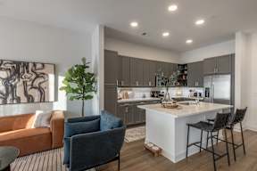 A modern kitchen with a bar area and a living room area with a couch and chairs.