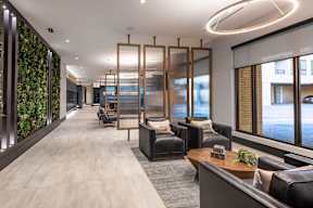 A modern living room with a long couch and a green wall on the side.