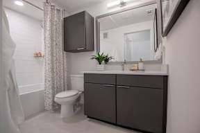 A bathroom with a toilet, sink, and mirror.