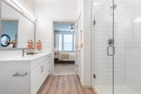 A bathroom with a walk-in shower and a vanity with a mirror.