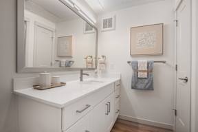 A bathroom with a white counter and a mirror.