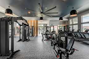 A gym with a variety of equipment including treadmills, weights, and a fan.
