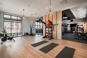 A gym with a variety of equipment including weights, a treadmill, and a rowing machine.