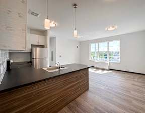 A modern kitchen with a wooden counter and stainless steel appliances.