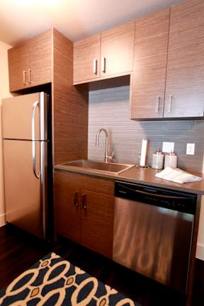 A modern kitchen with a stainless steel refrigerator and dishwasher.