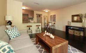 A living room with a grey couch and a wooden coffee table.