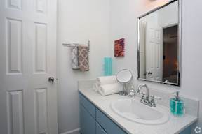 Bathroom vanity with blue cabinetry and mirror at Creekline Apartments, Austin
