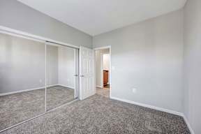 A room with a carpeted floor and a white door.