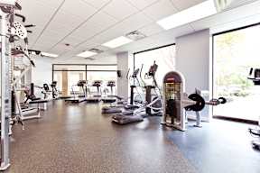 A gym with a variety of equipment including treadmills, weights, and exercise machines.