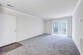 A room with a white door and a carpeted floor.