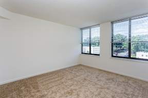 A room with carpeted floor and two windows.
