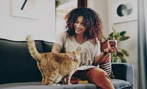 A woman is sitting on a couch with a cat on her lap.